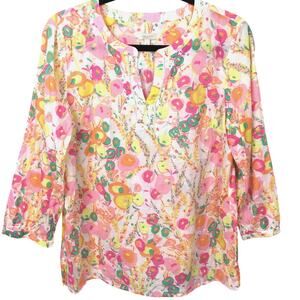 Talbots Abstract Floral Pintuck Split Neck Boho 3/4 Sleeve Cream Popover Top M